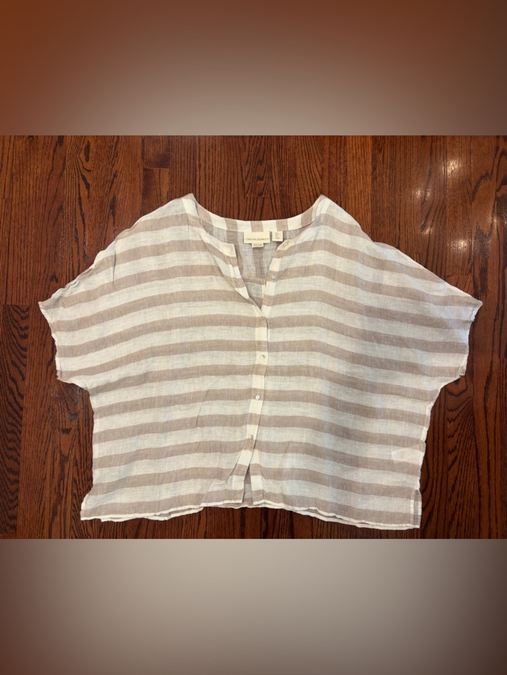 Cynthia Rowley Cream & Taupe Striped Linen Button Top